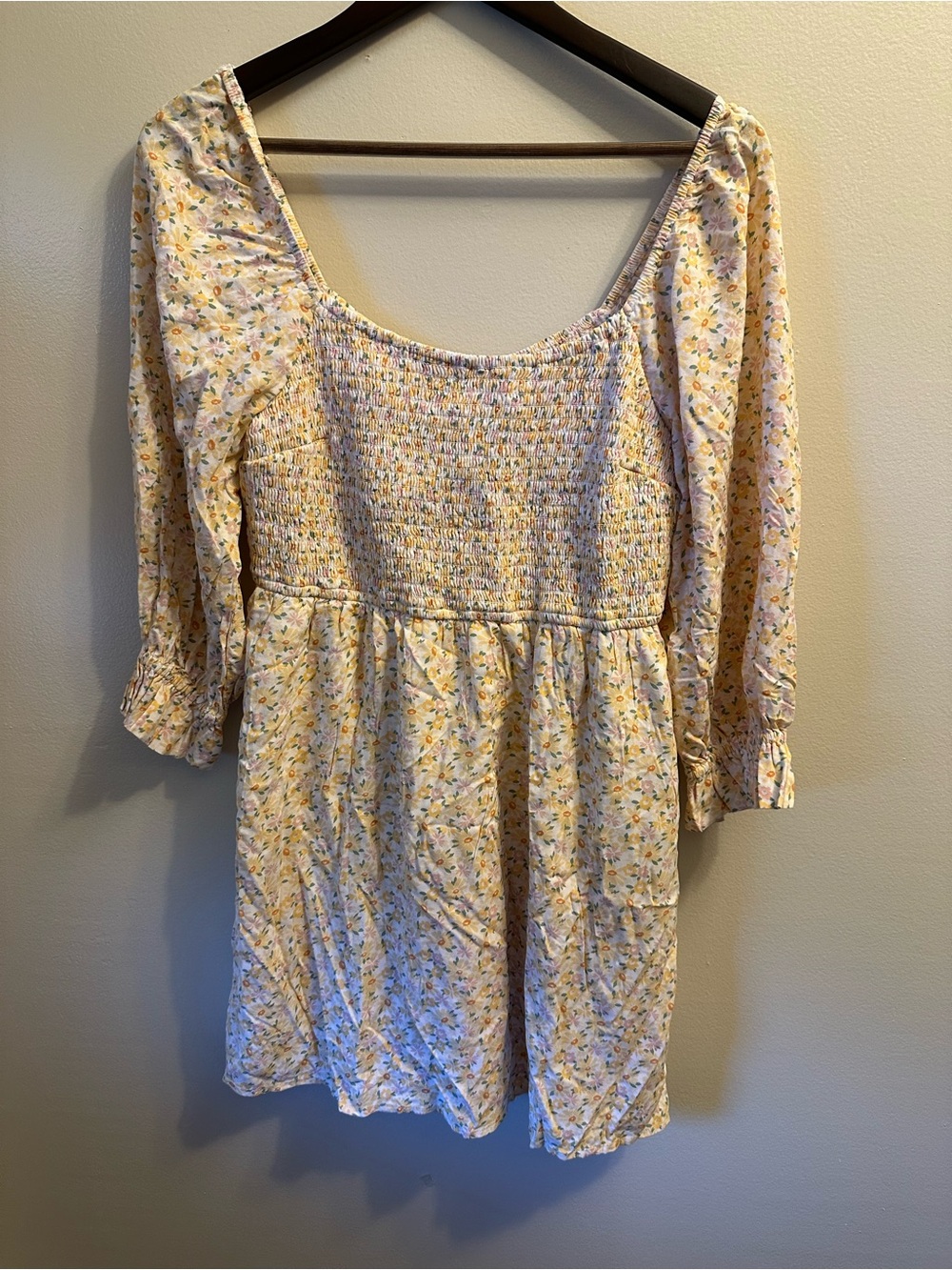 #352 Hollister Yellow Floral Smocked Peasant Tunic